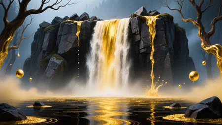 Glittering water flows gracefully from rocky heights, illuminating the dusk landscape.の素材