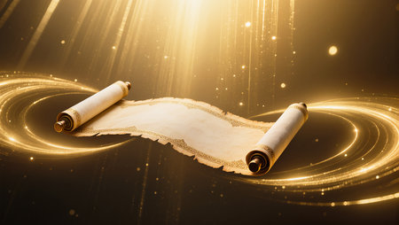 Illuminated scrolls hover gracefully, revealing their secrets in a mystical atmosphere.の素材