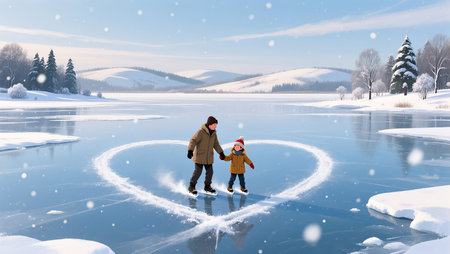Children happily glide on ice, crafting a heart shape under blue skies.の素材