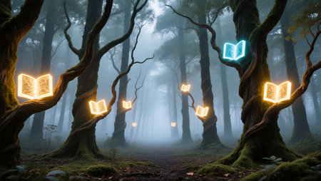 Ethereal glow of books illuminates a mystical forest shrouded in mist.の素材
