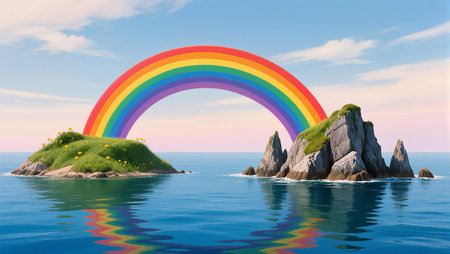Vibrant rainbow arches gracefully between two tranquil islands surrounded by blue waters.の素材