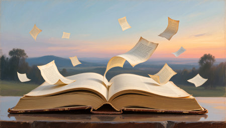 Pages flutter gracefully in the evening breeze as the sun sets behind rolling hills.の素材