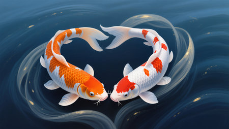 Two vibrant koi fish gracefully twirl in heart-shaped harmony, creating tranquility.の素材