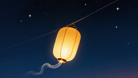 A warm lantern illuminates the dark sky, drifting peacefully under the stars.の素材
