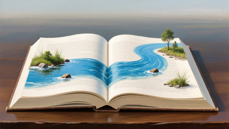 A vivid river flows from an open book, blending nature with literary imagination.の素材