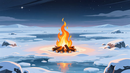 Bright flames flicker amid snow and ice, illuminating the serene night sky.の素材