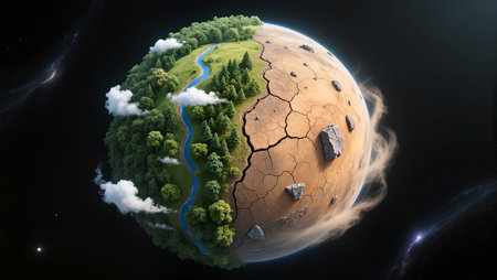 A vibrant planet showcases a stark contrast of green forests and dry, cracked terrain.の素材