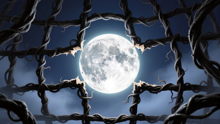 Bright full moon shines through a dark, tangled web of branches, creating an eerie glow.の素材