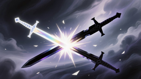 A dazzling moment unfolds as two swords collide, sending sparks flying through clouds.の素材