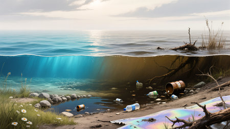 Lush greenery meets a polluted lake, showing the stark contrast of nature and waste.の素材