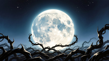 A bright full moon shines over dark, gnarled vines under a starry sky.の素材