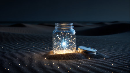 A jar glows with starlight, resting on sand dunes under a clear night sky.の素材