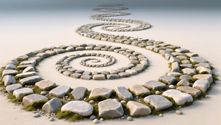 A winding stone path through soft earth invites exploration and reflection.の素材