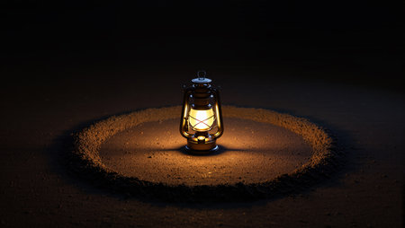 A vintage lantern softly lights the dark ground, creating a cozy vibe.の素材