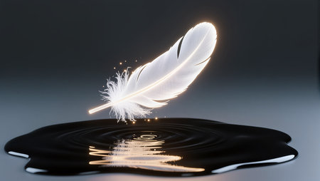 A delicate feather emits a soft glow while hovering above a calm, dark surface.の素材