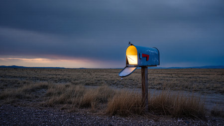 A blue mailbox stands open, illuminated by soft light against a darkening sky.の素材