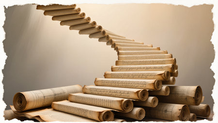 Ancient scrolls twist and curl, leading upward in a warm, dreamy glow.の素材