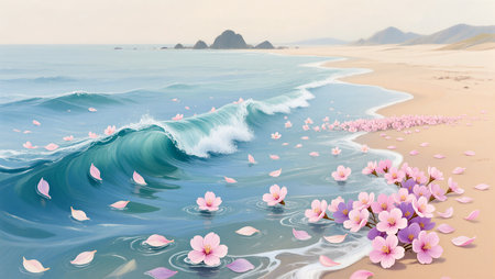 Cherry blossoms float serenely on the water near a tranquil beach at dawn.の素材