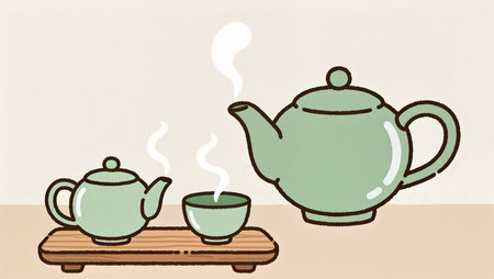 Two elegant teapots and a cup release gentle steam, creating a warm vibe.の素材