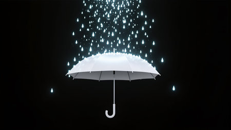 A white umbrella stands out as drops of water fall from above in darkness.の素材