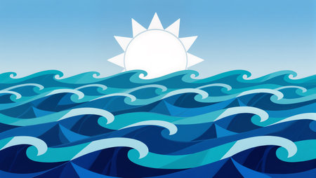 Bright sun rises above dynamic waves, creating a serene atmosphere.の素材