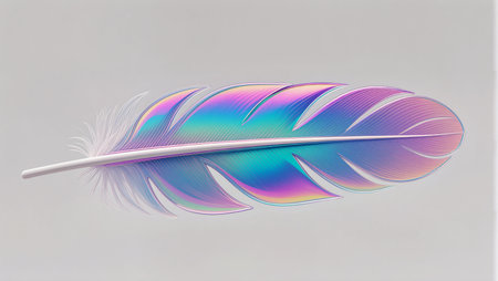 Vibrant feather showcases a stunning array of colors under soft light.の素材
