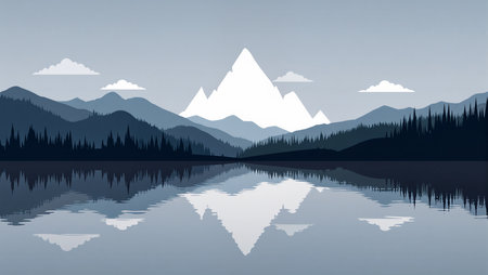 A peaceful landscape captures snow-capped peaks mirrored in calm waters at dawn.の素材