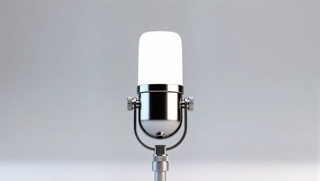 Sleek silver microphone at the center of a minimalist backdrop, sparkling creativity.の素材