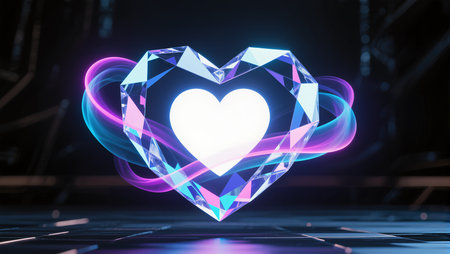 A radiant crystal heart emits colorful energy in a futuristic environment.の素材