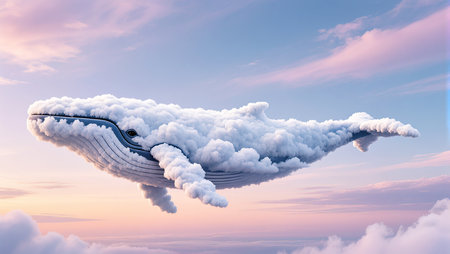 A fantastical whale made of clouds gracefully glides across a colorful sky during sunset.の素材