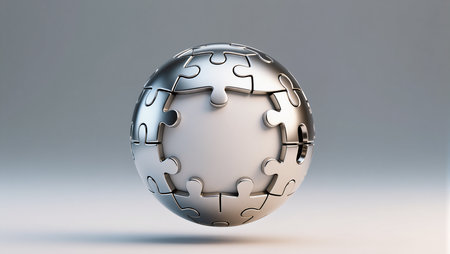 A captivating silver puzzle ball hovers in an airy backdrop, symbolizing connection.の素材