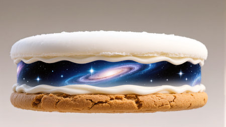 A cosmic-themed dessert showcases a galaxy nestled between sweet layers of cream.の素材