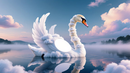 A mystical swan adorned with clouds floats serenely on tranquil waters.の素材