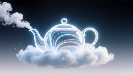 A translucent teapot hovers serenely within fluffy clouds, steam rising gently.の素材