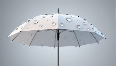 Water droplets cling to an umbrella, capturing the beauty of a warm summer rain.の素材