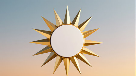 Golden sunburst with sharp rays set against a soft blue-pink gradient sky.の素材