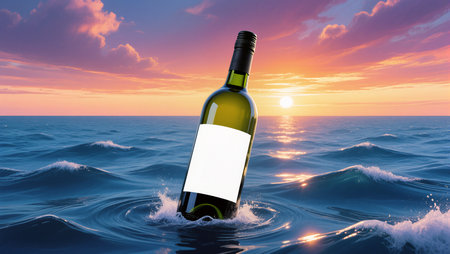 A bottle drifts on gentle waves as the sun sets, painting the sky in vibrant colors.の素材