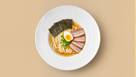 A beautifully arranged bowl of ramen featuring noodles, broth, and fresh toppings.の素材