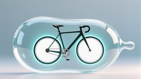 A sleek bicycle is enclosed within a glass-like structure, highlighting creativity.の素材