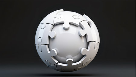 A spherical puzzle made of white pieces gently hovers in mid-air, captivating viewers.の素材