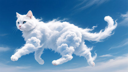 A whimsical white cat made of clouds bounds playfully against a blue sky.の素材