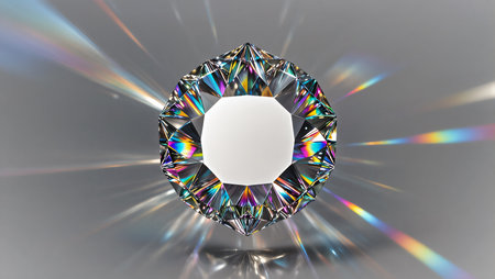 Brilliant diamond captures light, casting colorful reflections in a serene setting.の素材