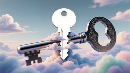 Two ornate keys hover gracefully among soft, pastel clouds at sunset.の素材