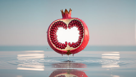 A unique pomegranate slice forms a heart shape as it drops in still water.の素材