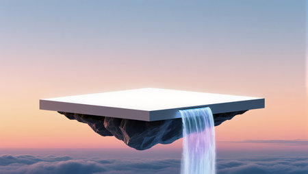 A stunning waterfall flows from a floating platform surrounded by clouds.の素材