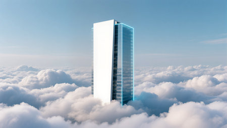 A sleek skyscraper pierces through a soft blanket of clouds on a sunny day.の素材