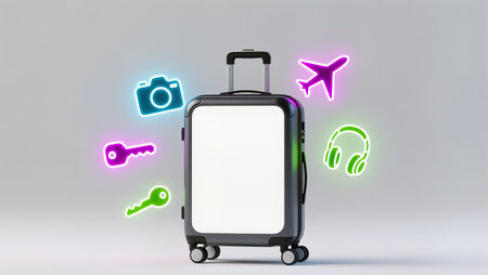 A modern suitcase is highlighted by colorful travel icons, hinting at adventure.の素材