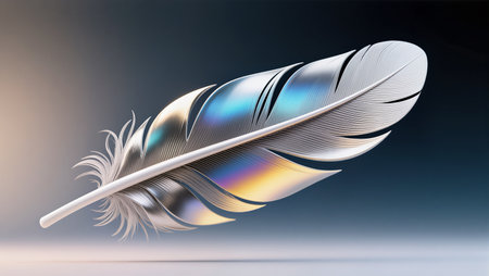 A stunning feather drifts softly, showcasing iridescent colors against a smooth backdrop.の素材