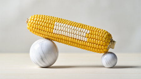 A yellow corn cob balanced on marble spheres showcases creativity.の素材