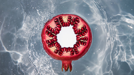 A vibrant pomegranate rests on the surface of sparkling water, showing its juicy seeds.の素材